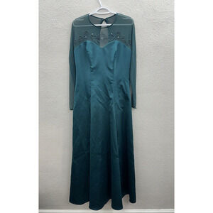 Alfred Angelo Women Dress 13/14 Green Satin Long Mesh Sleeves Formal Button Back